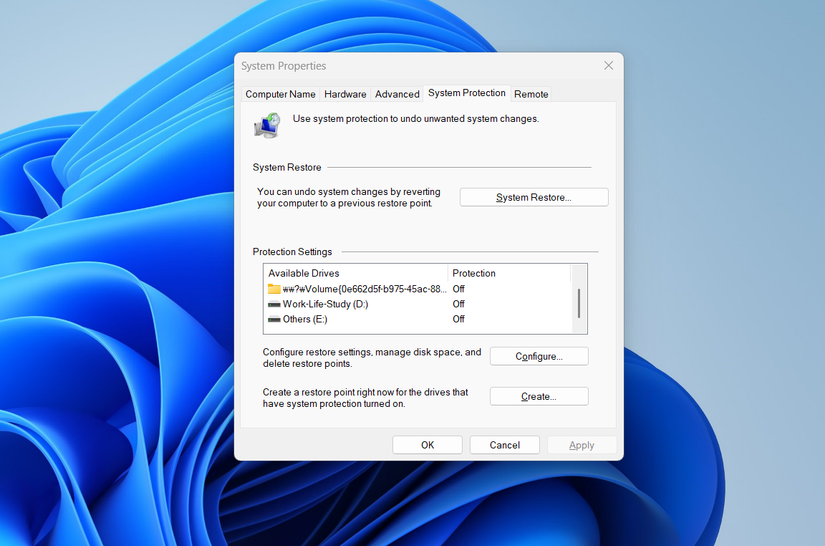 The System Properties window opened and displaying the System Protection tab.