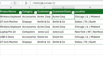 TRIM used in Excel to remove leading, trailing, and double-internal spaces from a Customer column.