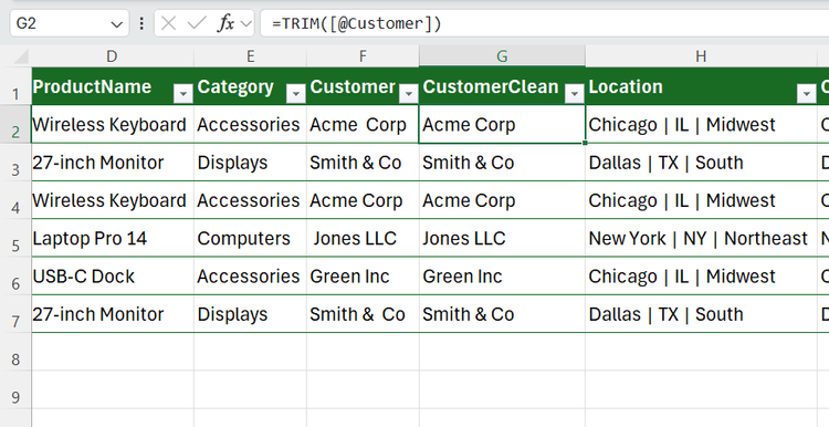 TRIM used in Excel to remove leading, trailing, and double-internal spaces from a Customer column.