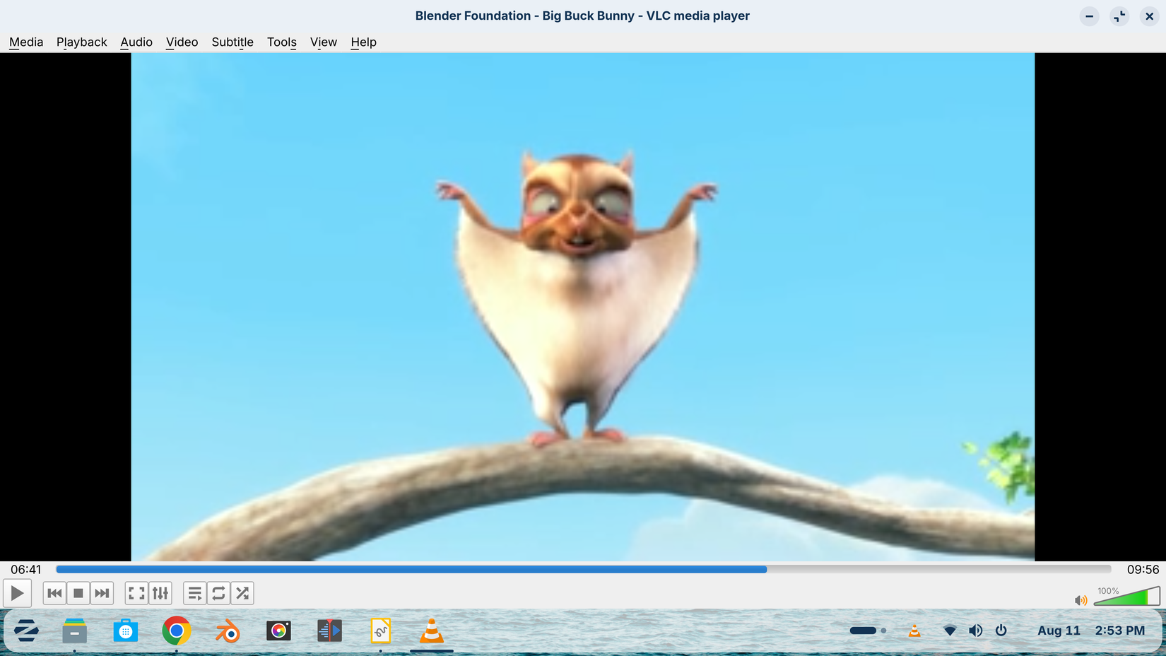 A screenshot of VLC media player playing a scene from Big Buck Bunny.