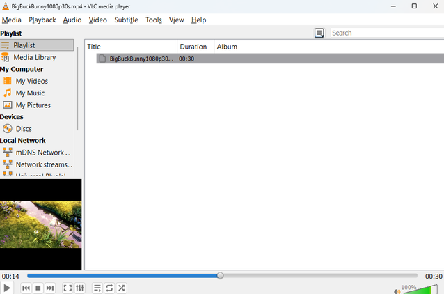 A screenshot of VLC Media Player in playlist mode with one vide in the list.
