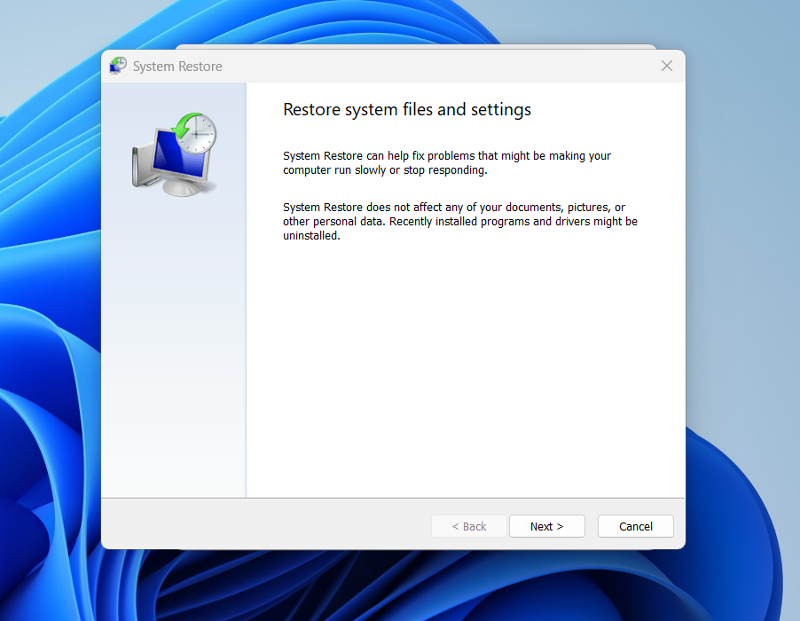 Window for restoring system files and settings.