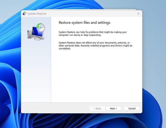Window for restoring system files and settings.