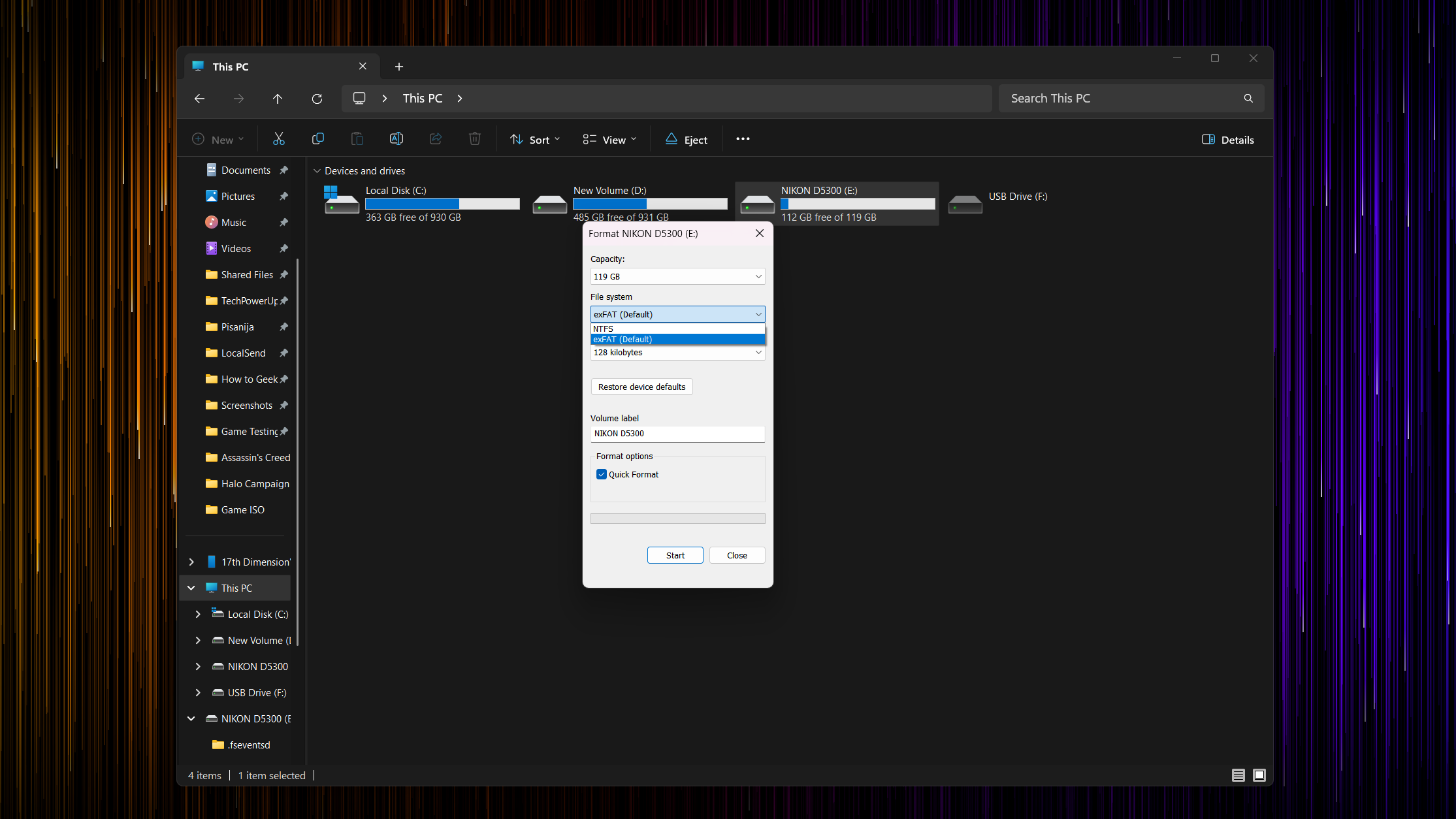 Windows Explorer open with the Format dialog box displayed.