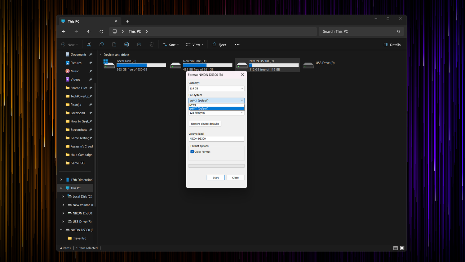 Windows Explorer open with the Format dialog box displayed.