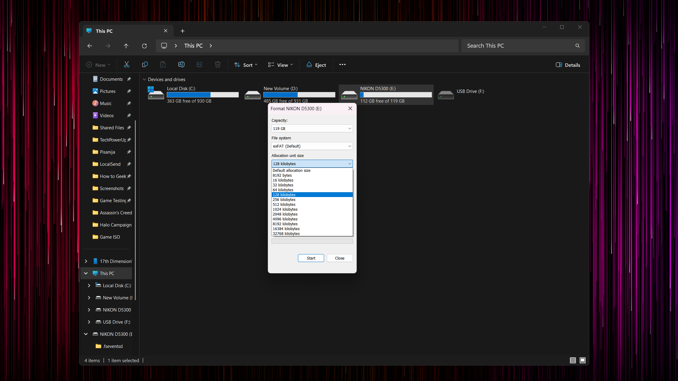 Windows Explorer open with the Format dialog box displayed.