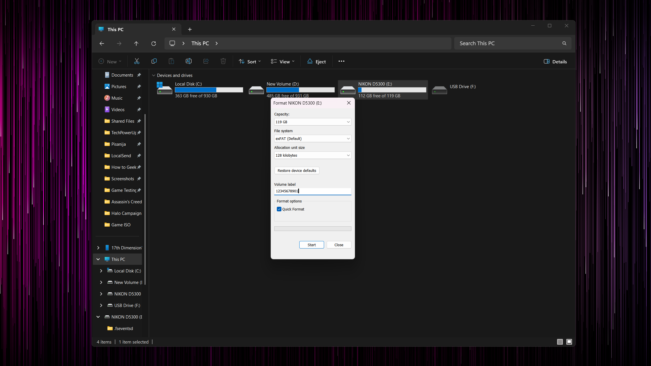 Windows Explorer open with the Format dialog box displayed.