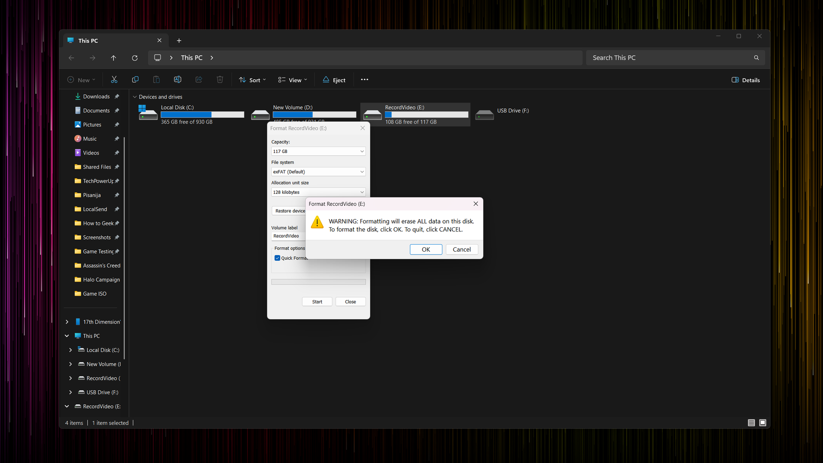Windows Explorer open with the Format dialog box displayed.