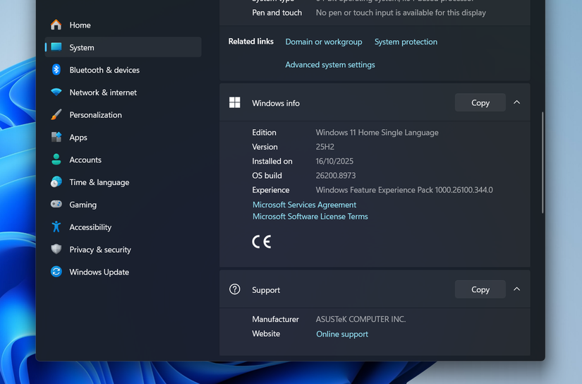 Windows Settings with a link to System Protection.