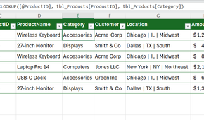 XLOOKUP used in Excel to return a product category in a table based on a product ID.