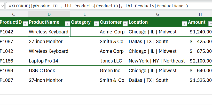 XLOOKUP used in Excel to return a product name in a table based on a product ID.