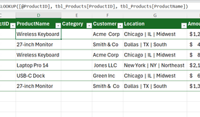 XLOOKUP used in Excel to return a product name in a table based on a product ID.