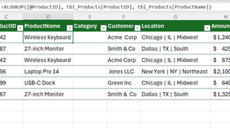 XLOOKUP used in Excel to return a product name in a table based on a product ID.