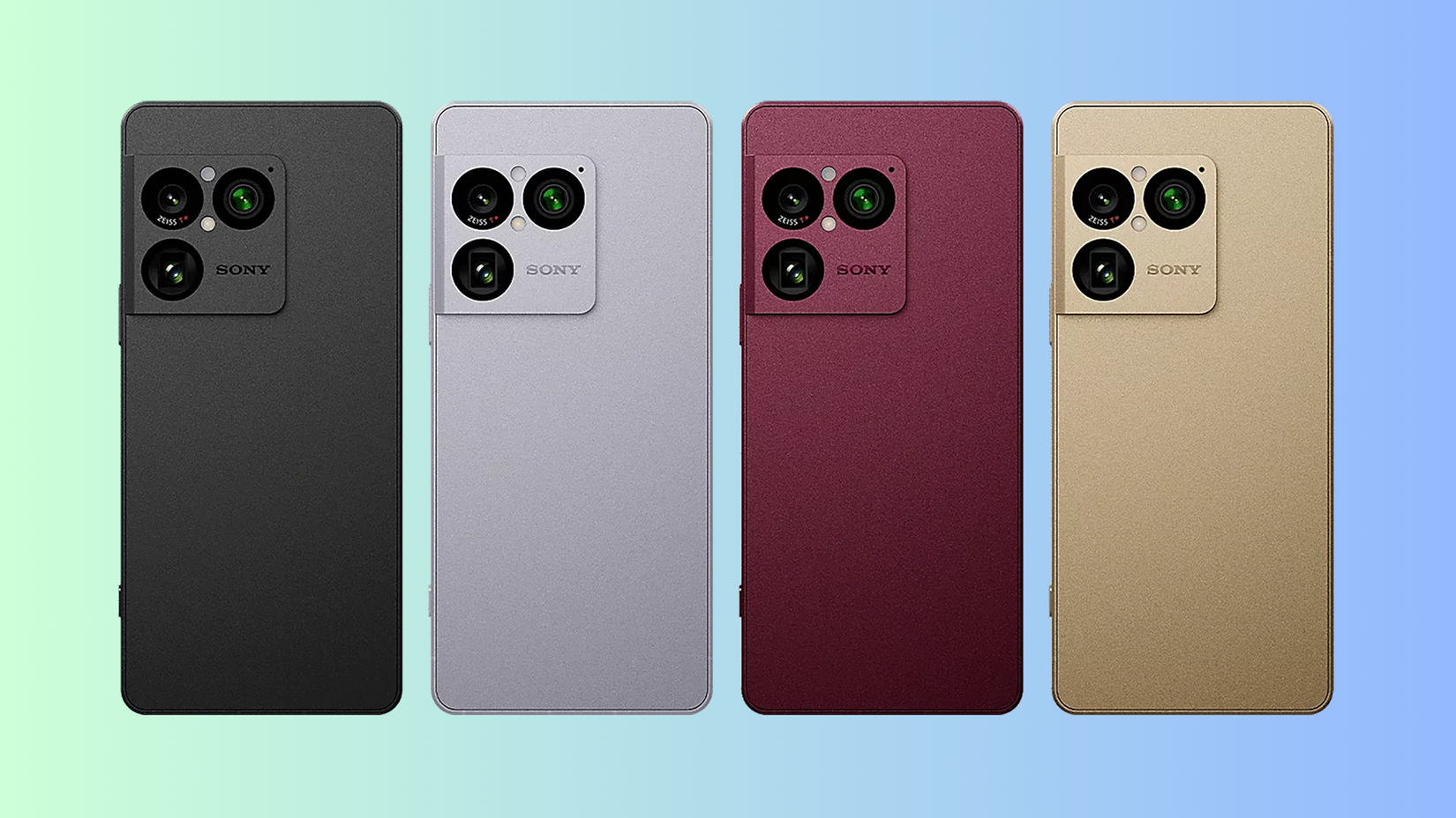 Four Sony Xperia 1 VIII phones with their rear side in focus against a blue and teal background. 