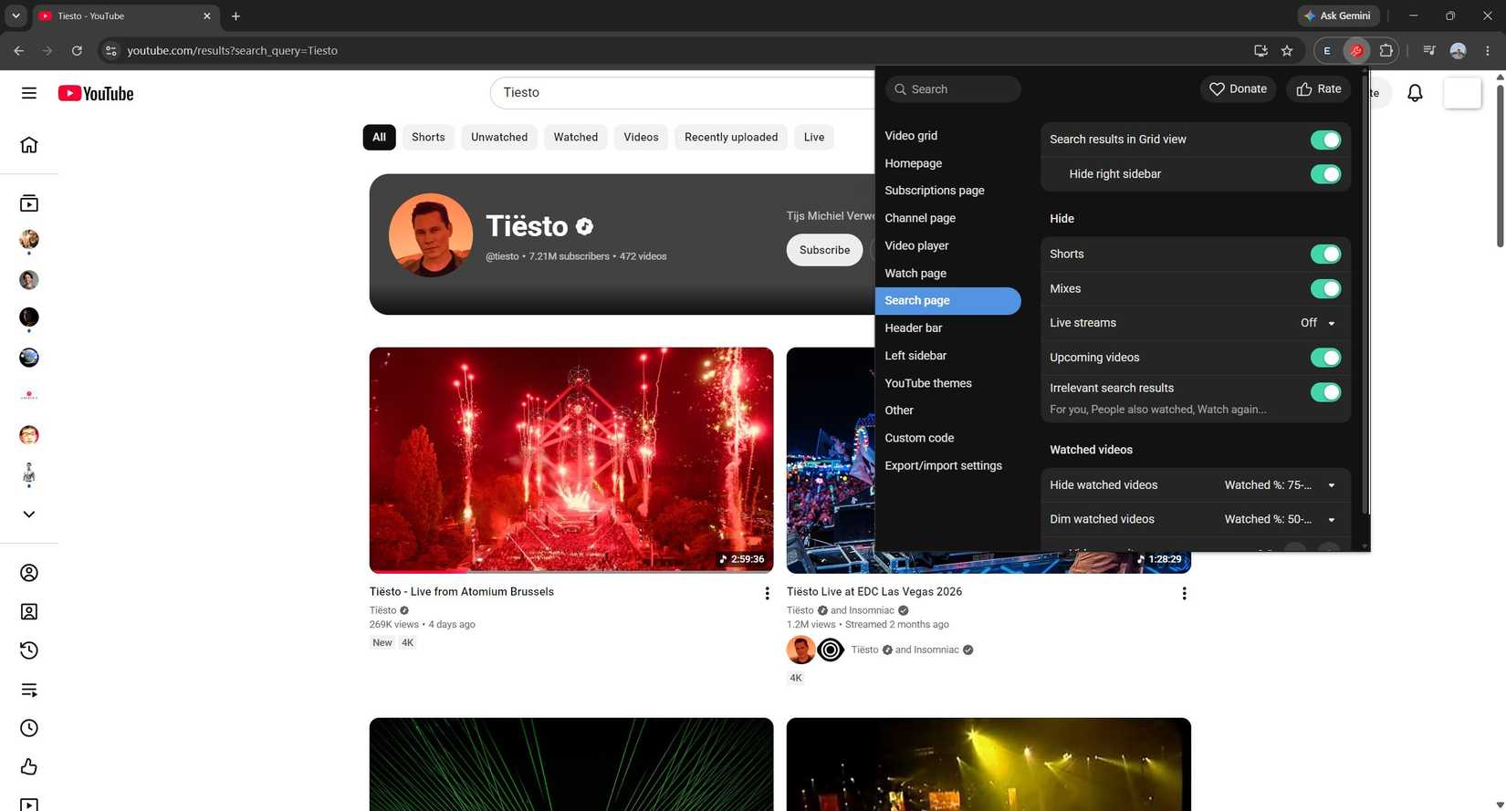Options in the YT Tweaks for YouTube extension in Chrome.