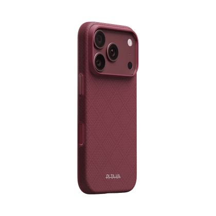 The iPhone 18 Pro PITAKA Summa case in burgundy.