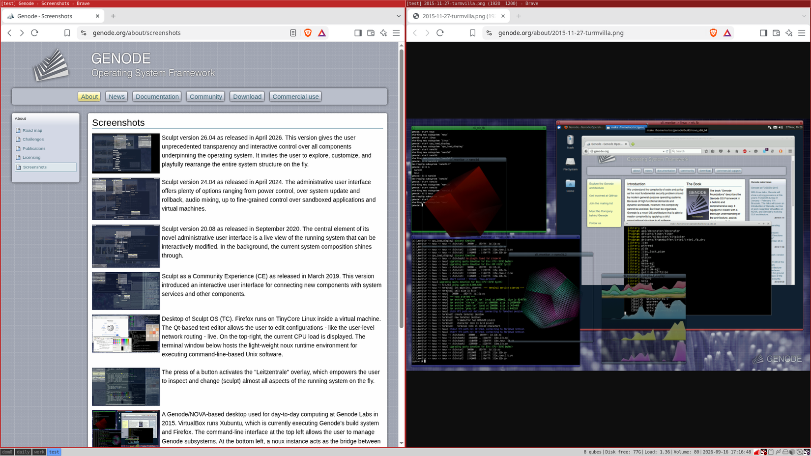 A browser window displays the Sculpt OS download page and a system demonstration screenshot side by side.