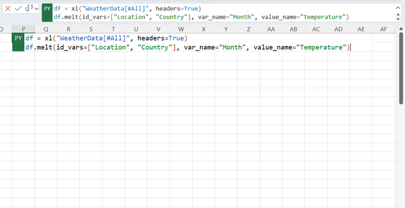 A Microsoft Excel spreadsheet showing Python code entered into the formula bar and a cell to unpivot weather data.