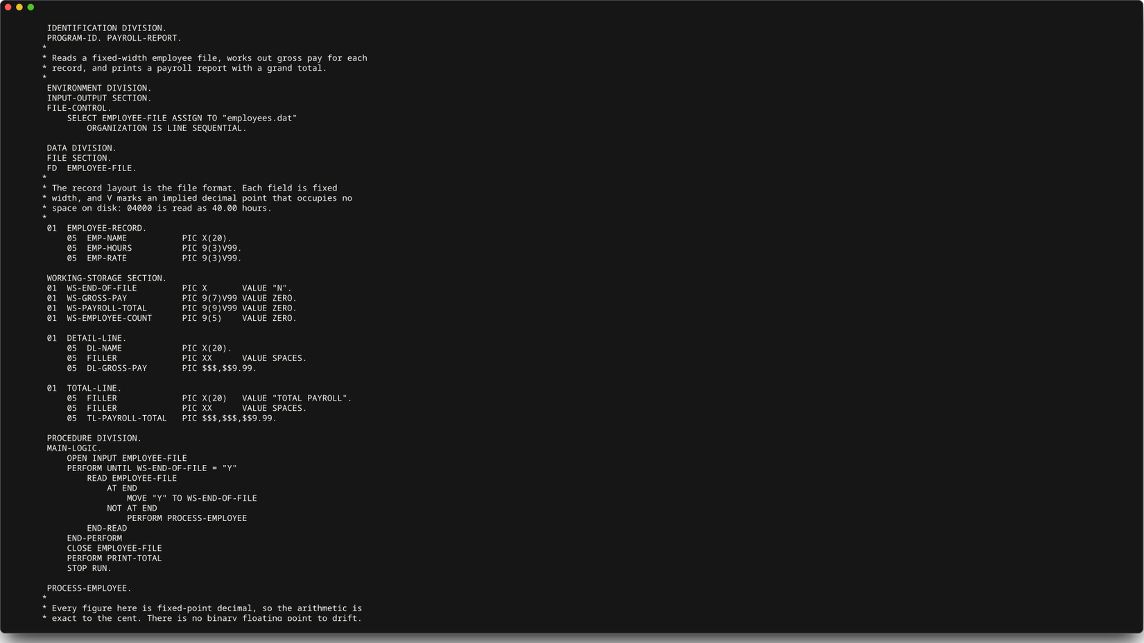 A terminal window displays a COBOL program that calculates payroll from a data file.