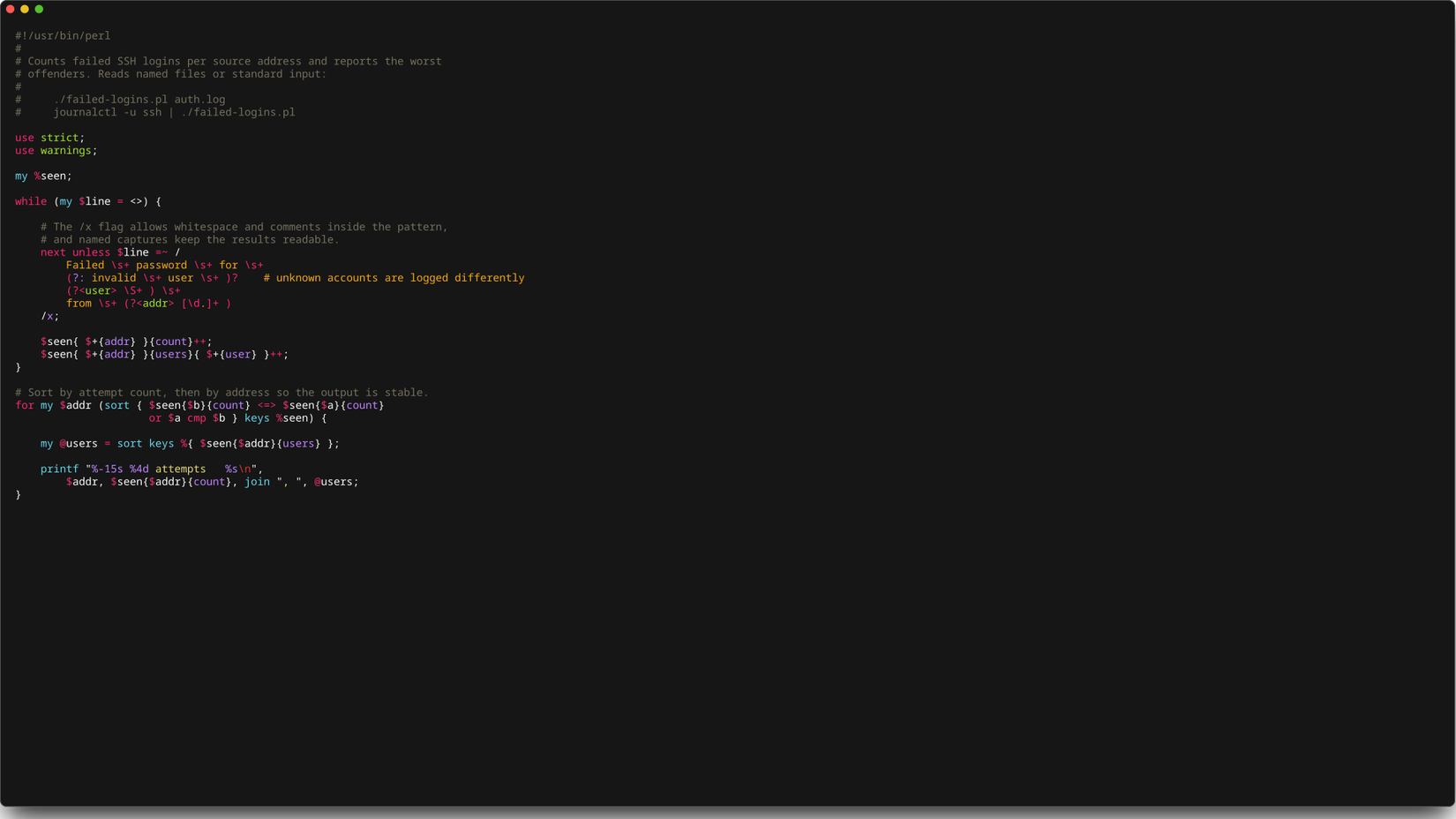 A terminal window displays a Perl script that counts failed SSH logins by address.