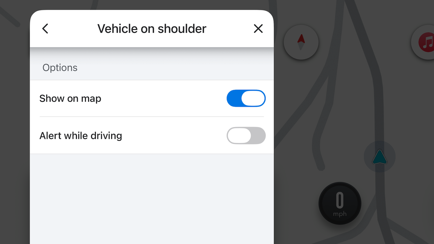 Alert when driving disabled for Vehicle on shoulder alerts in Waze.