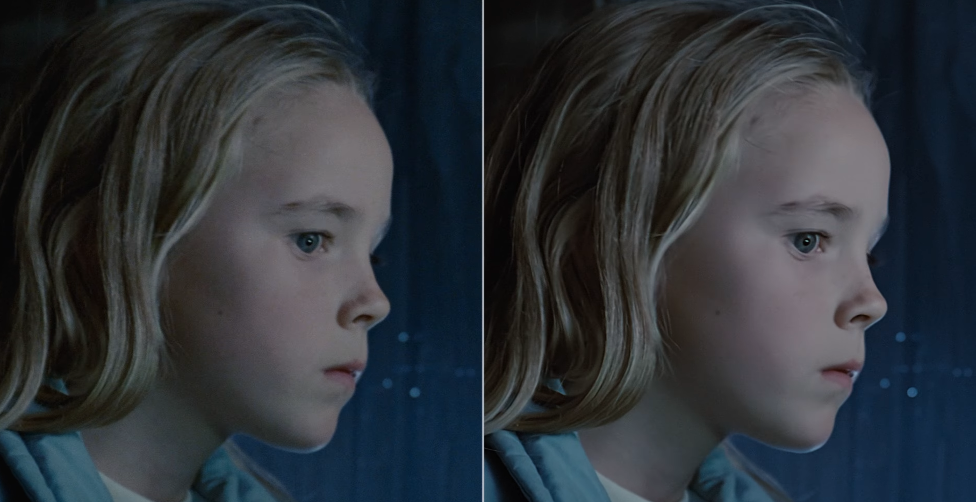 Side-by-side comparison showing the smoother facial detail in the 4K remaster of Aliens.