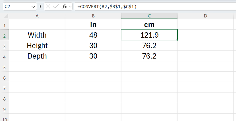 An Excel spreadsheet shows the CONVERT formula converting inches to centimeters, with cell C2 selected.