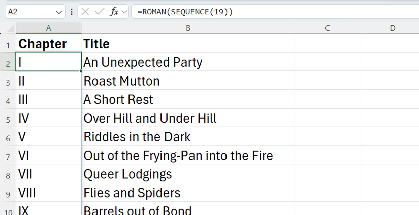 An Excel spreadsheet uses the ROMAN function to number a list of book chapters with Roman numerals.
