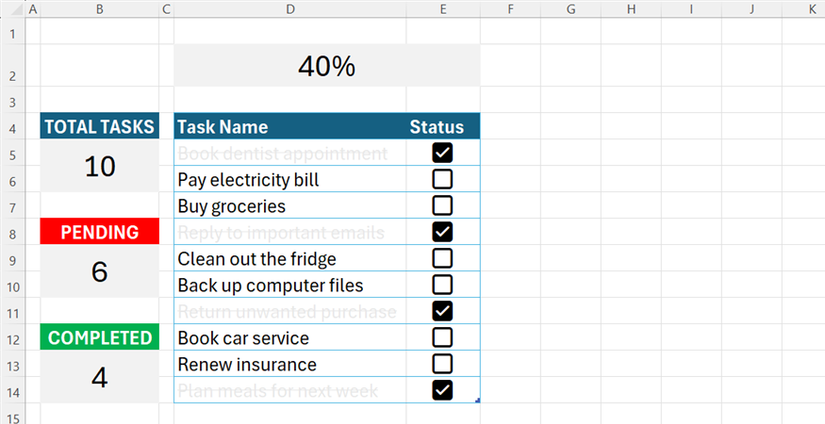 An Excel task tracker showing completed tasks grayed out with strikethrough text when their checkbox is checked.