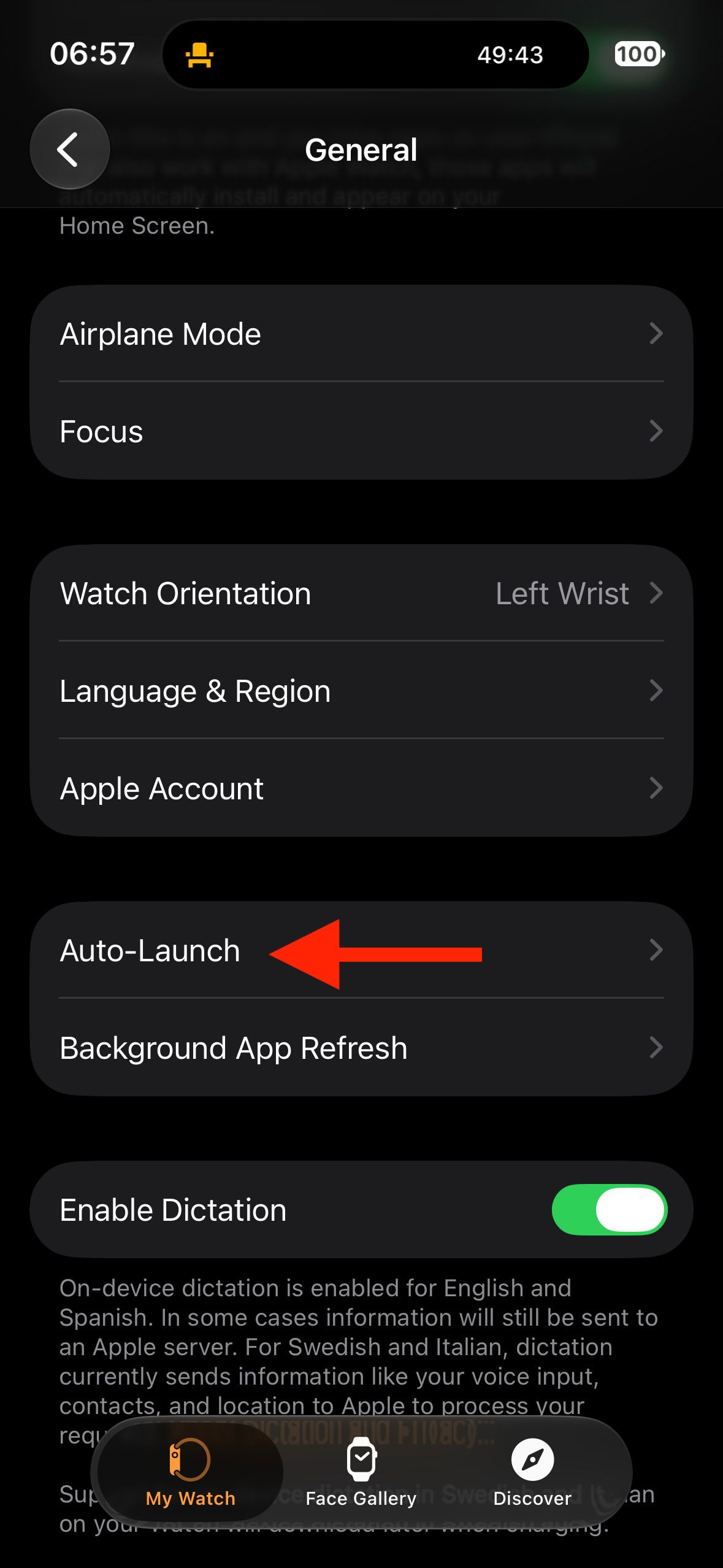 Apple Watch app General settings page with arrow pointing to Auto Launch.
