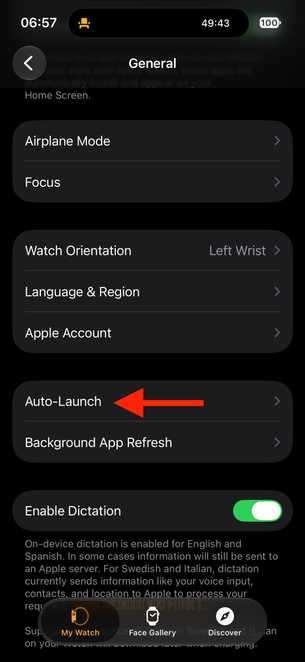 Apple Watch app General settings page with arrow pointing to Auto Launch.