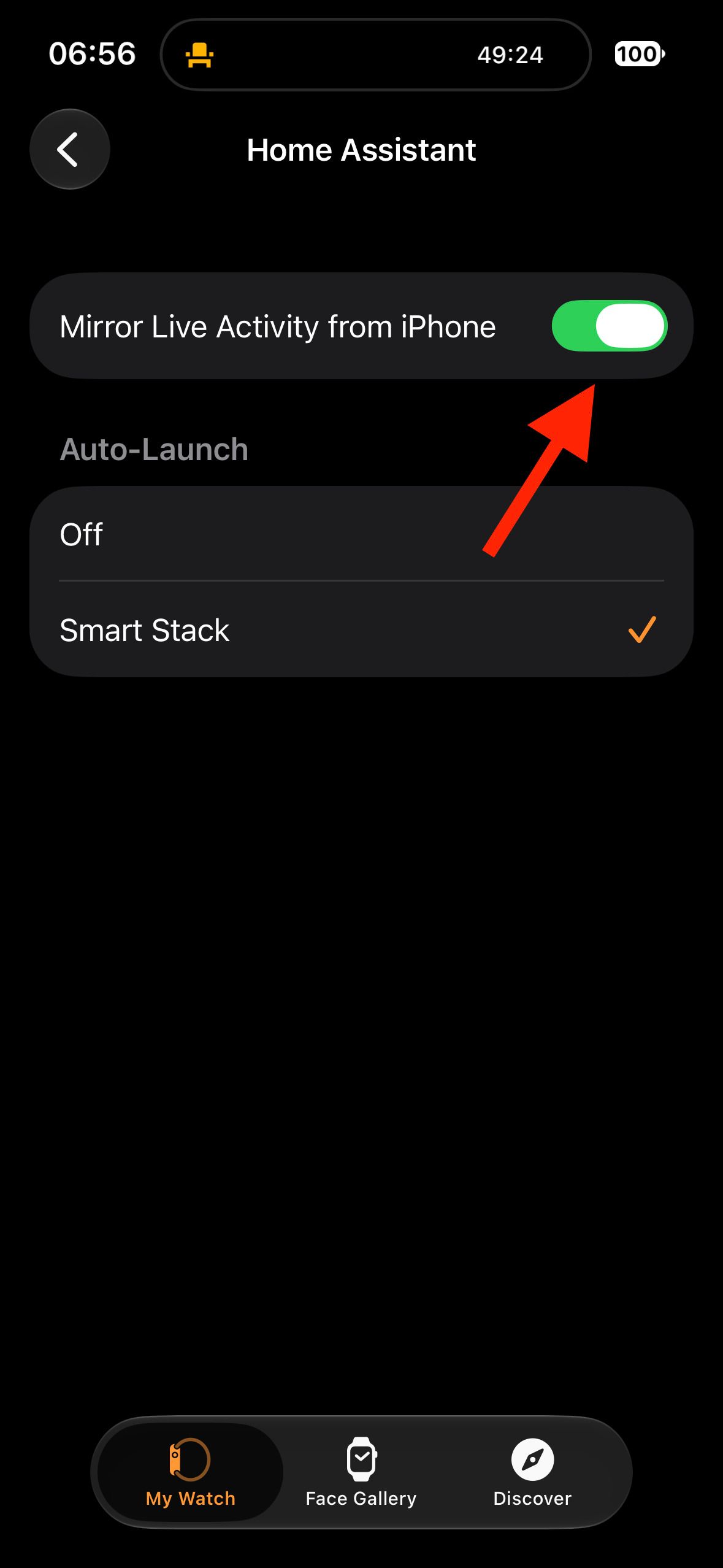 Apple Watch app Home Assistant Live Activity settings with arrow pointing to Mirror Live Activity from iPhone toggle.