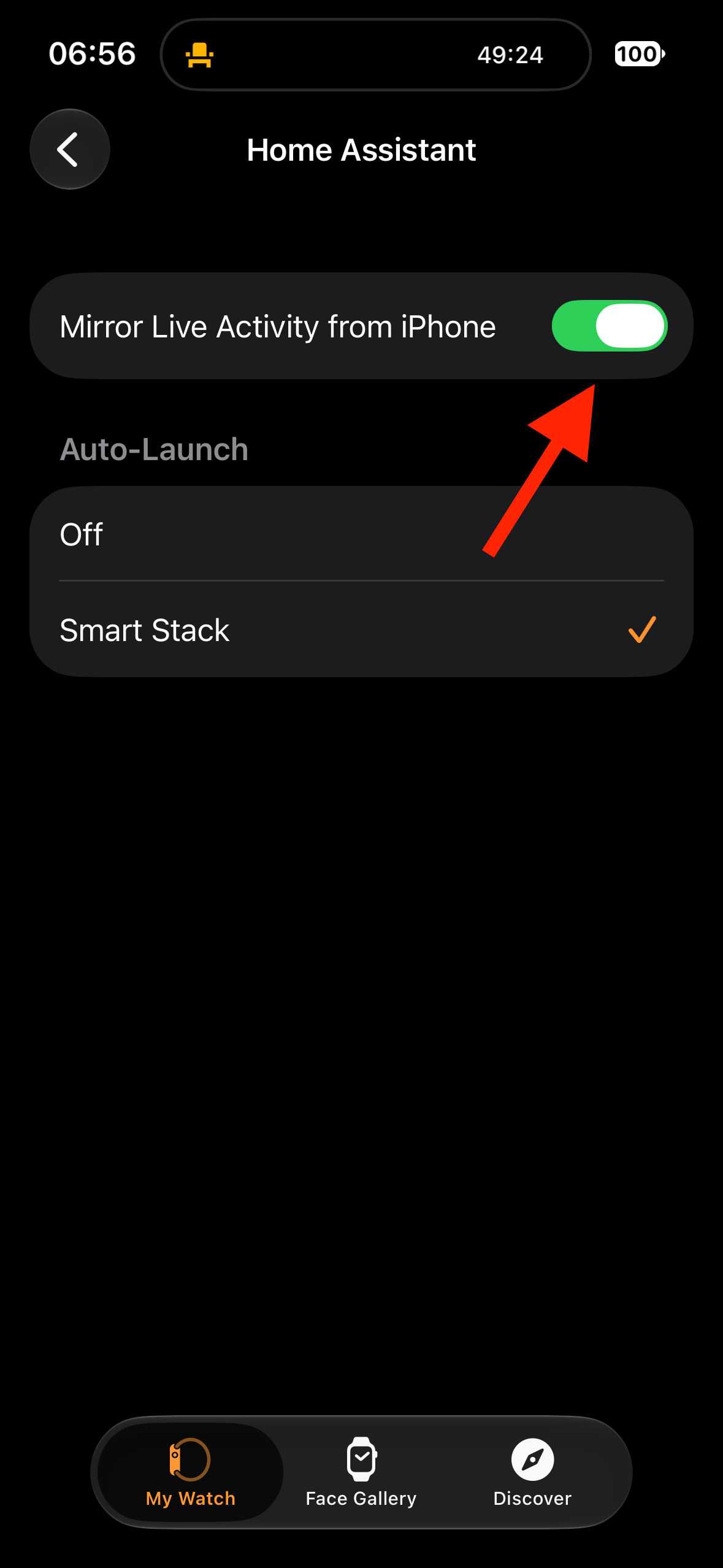 Apple Watch app Home Assistant Live Activity settings with arrow pointing to Mirror Live Activity from iPhone toggle.