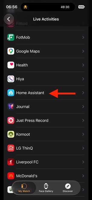 Apple Watch app Live Activities settings list with arrow pointing to Home Assistant.