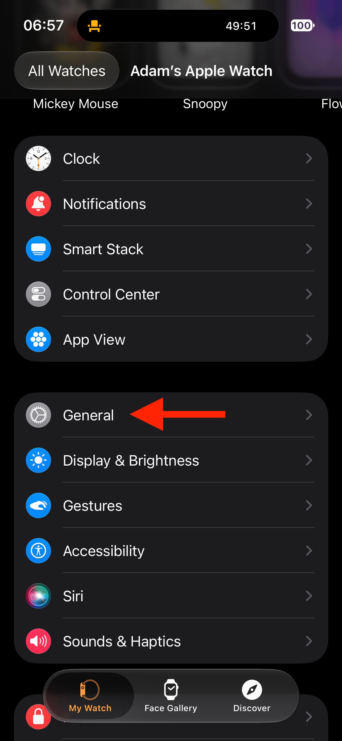 Apple Watch app My Watch settings page with arrow pointing to General.