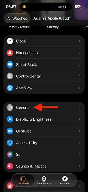 Apple Watch app My Watch settings page with arrow pointing to General.