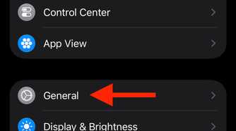 Apple Watch app My Watch settings page with arrow pointing to General.