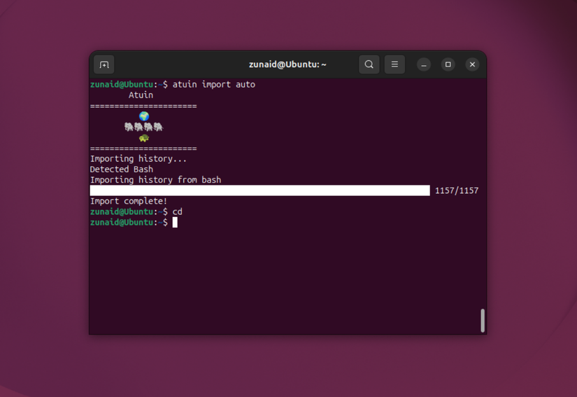 Using the Atuin command to import old commands.