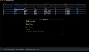 A popup window showing details of the selected cell including its column, type, and value.
