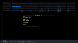 A popup window showing details of the selected cell including its column, type, and value.
