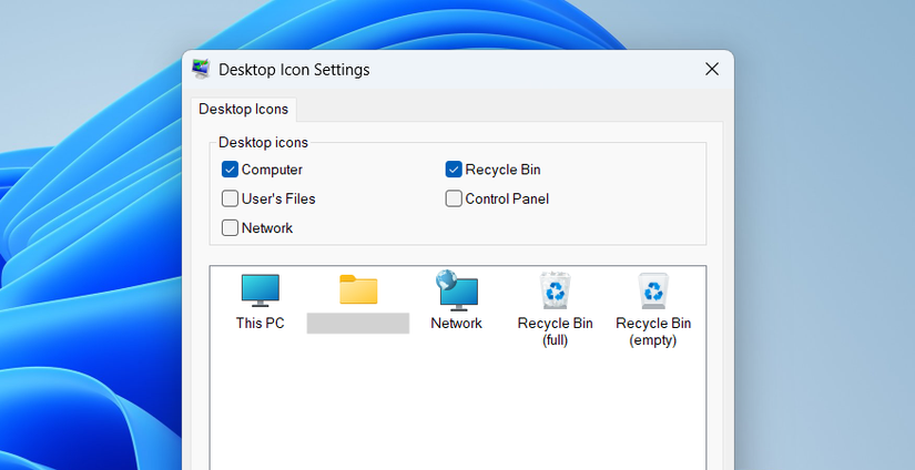 Desktop icon options such as User's Files and Control Panel are shown in Windows 11 Desktop Icon Settings.