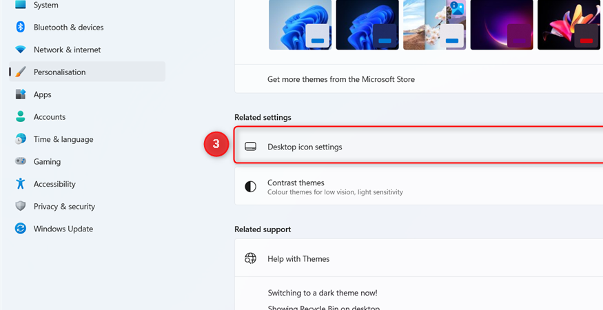 Desktop icon settings is highlighted under Related settings in Windows 11 Settings.