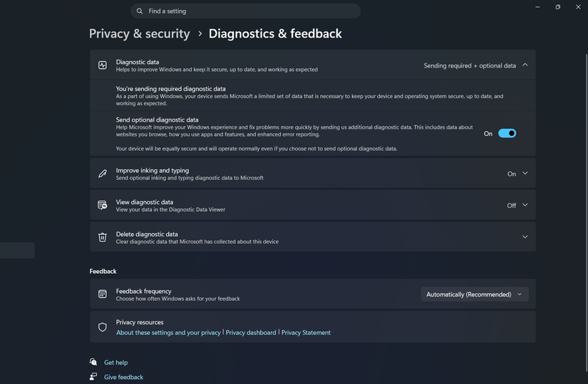 Diagnostics and feedback settings page on Windows 11 being displayed.
