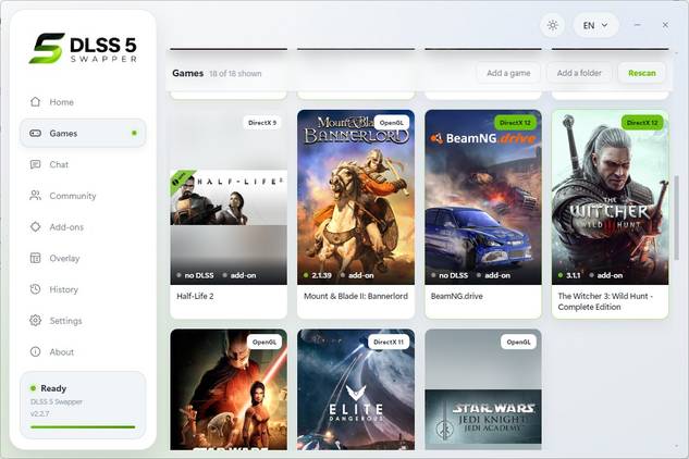 Тестирование нейросетевого апскейлинга DLSS 5 в классических играх 2000-х годов Интерфейс приложения DLSS 5 Swapper со списком игр