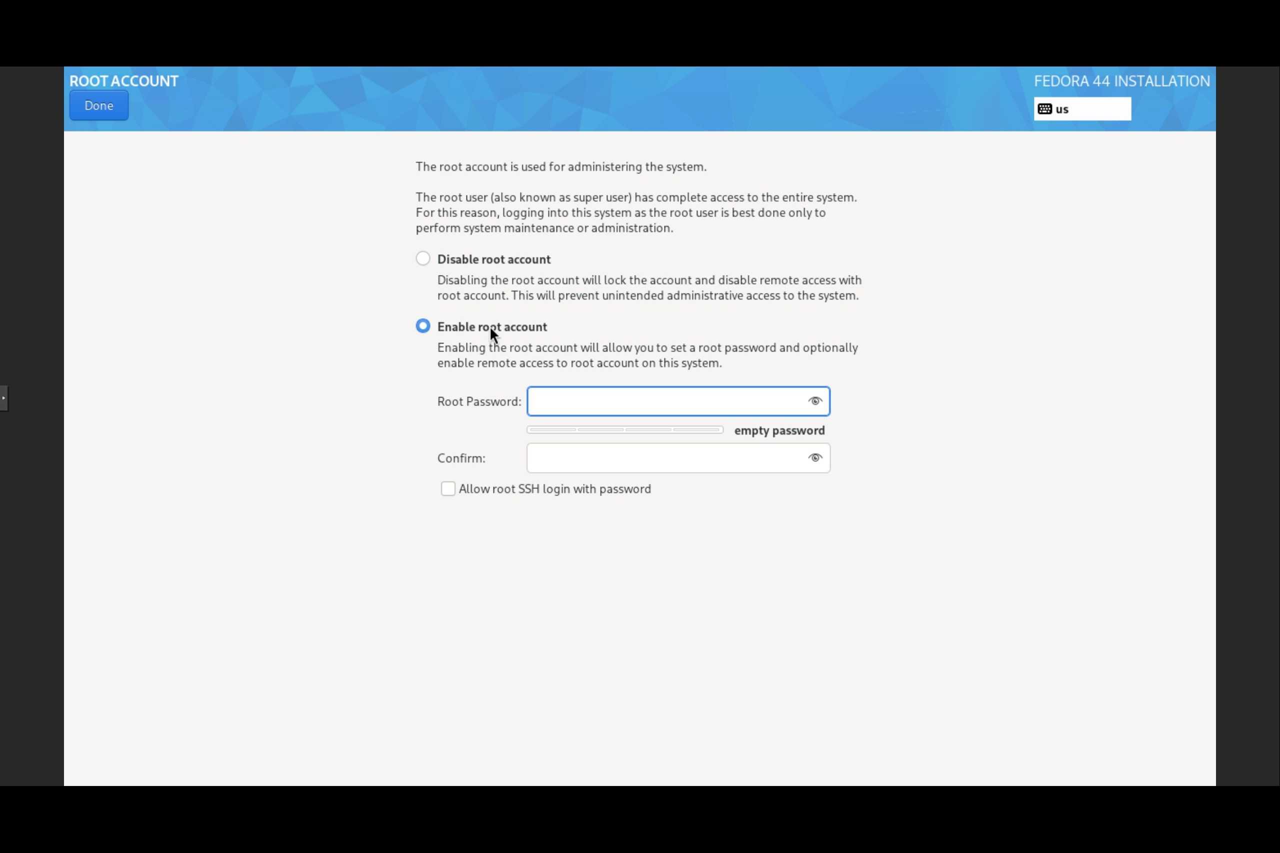 Enable Root Account Fedora Everything