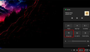 Windows 11 Quick Settings panel with the focus on the energy saver tile.