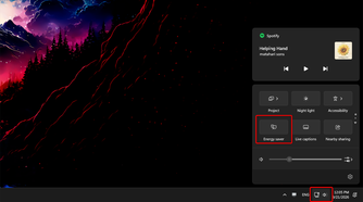 Windows 11 Quick Settings panel with the focus on the energy saver tile.