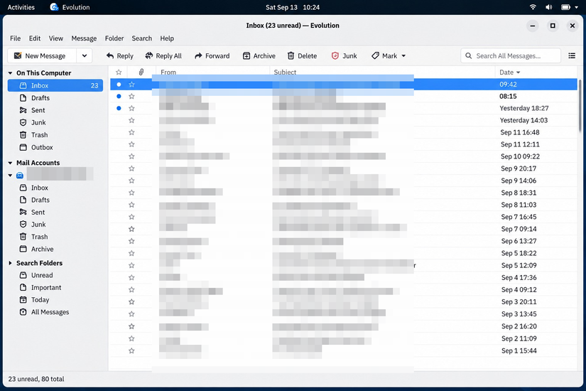 Boîte de réception Evolution sur GNOME Linux