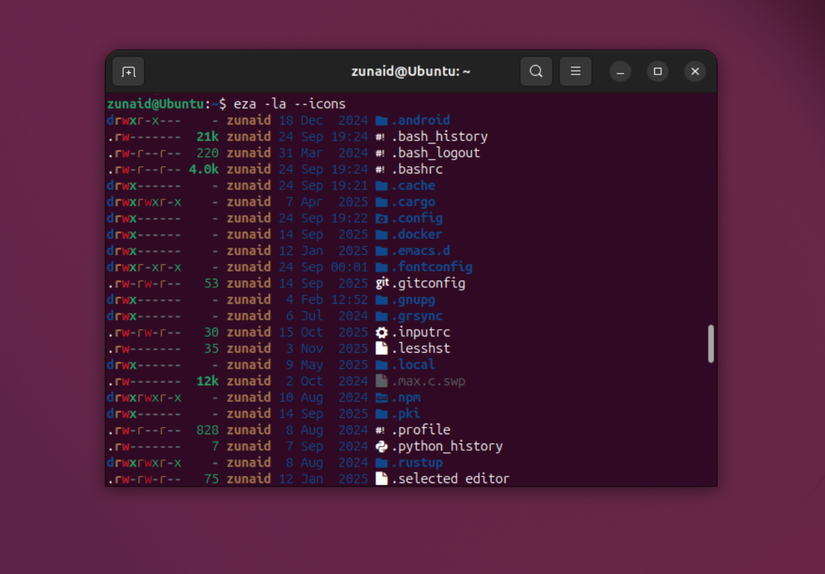eza command output showing icons for files and folders.