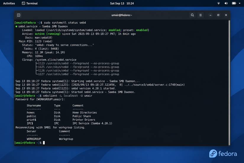 Vérification du service Fedora Terminal Samba